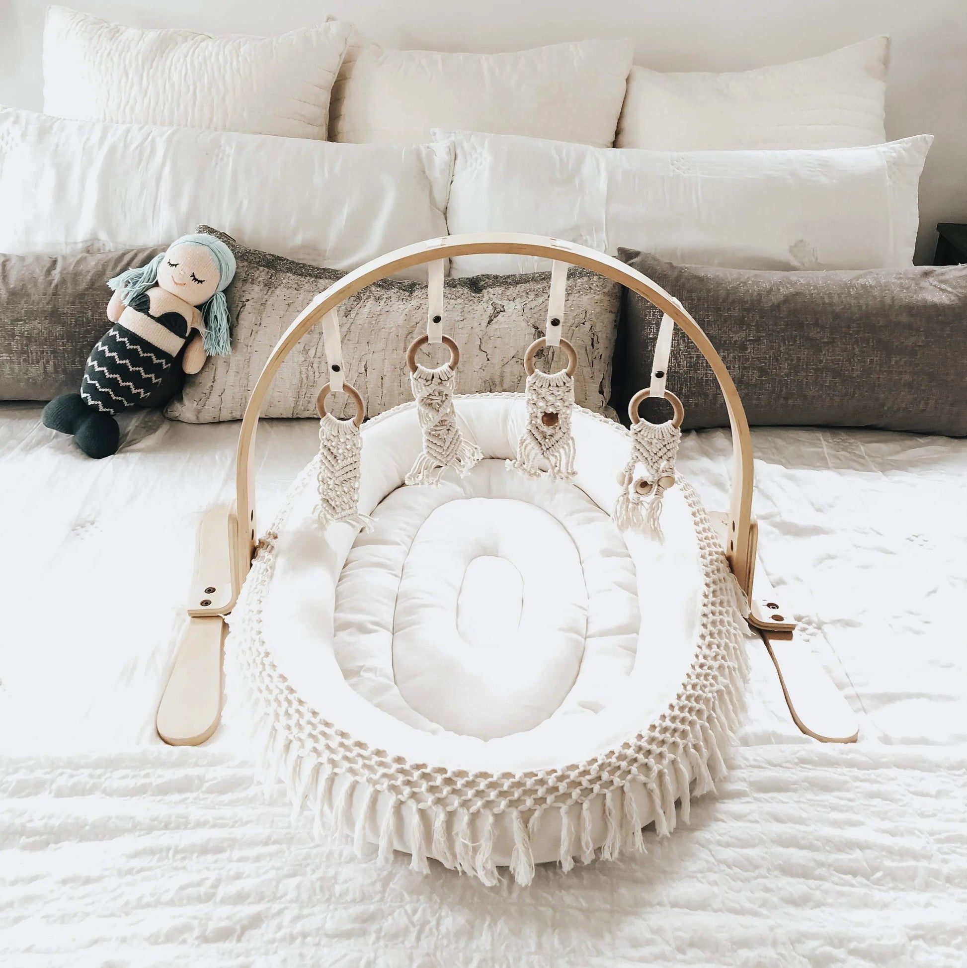 Oval Boho Chic Play Mat with Macramé Fringe Machine Washable Organic Cotton for Infants Up to Nine Months Finn + Emma