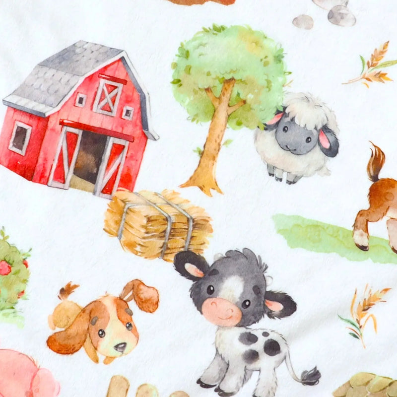 Baby & Toddler Minky Blanket with farm animals print, featuring cows and barn on soft fabric.