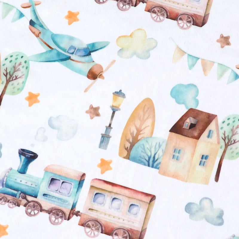 Premium baby toddler minky blanket with plane, train, and car design.