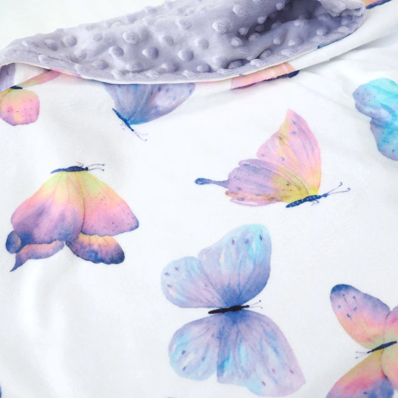 Premium baby and toddler butterfly blanket with minky dot texture and vibrant colors.