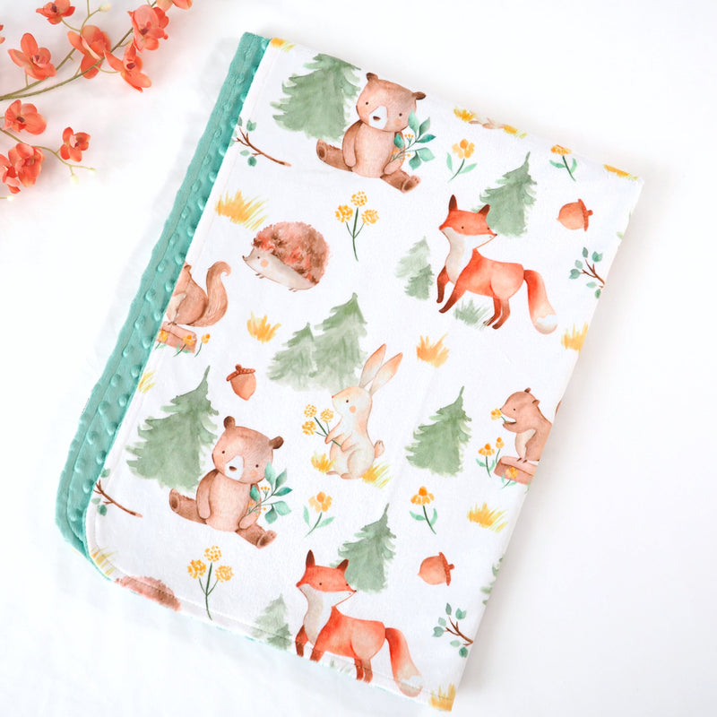 Baby & Toddler Minky Blanket with Forest Friends print, lightweight and soft for woodland-themed nurseries.