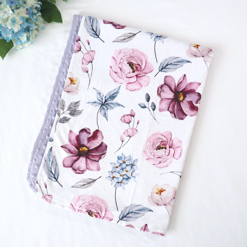 Baby and toddler blanket with vintage floral print, made from soft minky fabric, perfect for newborns to toddlers.