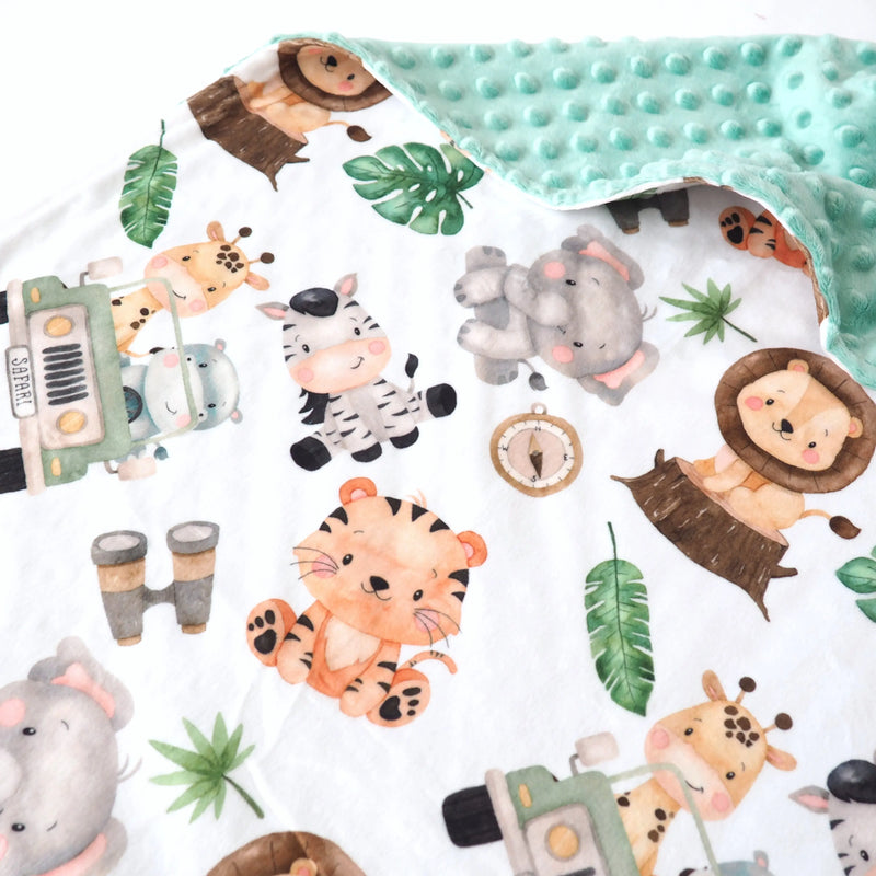 Premium Baby & Toddler Minky Blanket with Safari print and soft minky dot texture, 30 x 40 inches.
