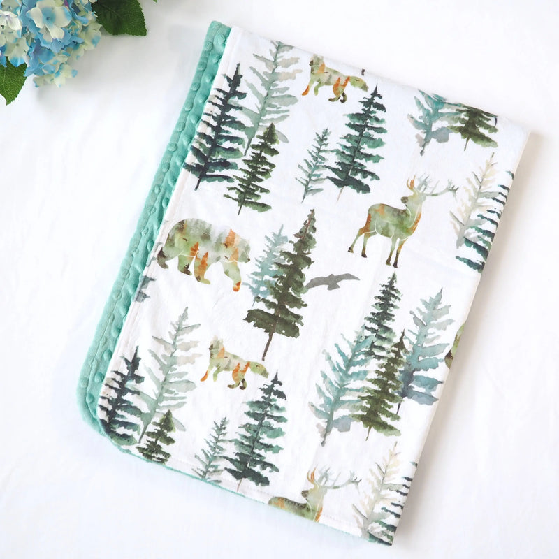 Baby & Toddler Minky Blanket with forest print, soft texture, 30x40 inches, ideal for newborns to toddlers.