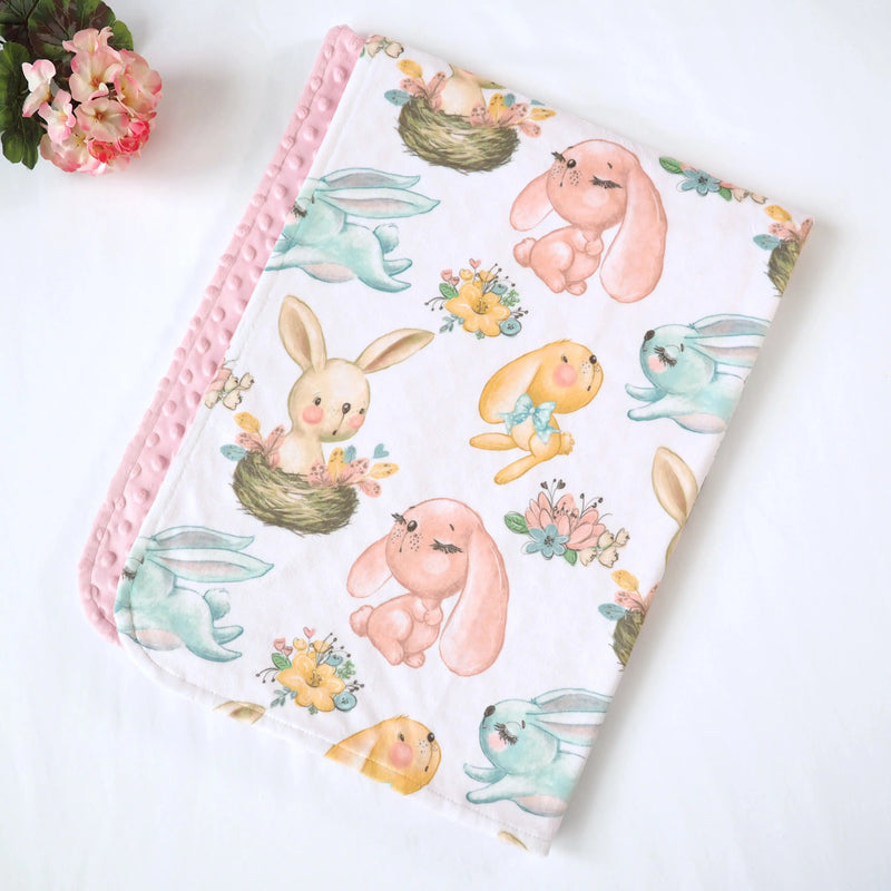 Baby & Toddler Minky Blanket with bunny print, soft touch, premium quality, 30x40 inches.