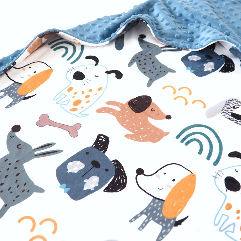 Baby & toddler minky blanket with dog print, soft and sensory-friendly, 30x40 inches.