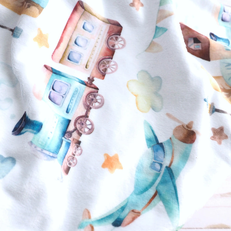 Premium baby & toddler minky blanket with planes, trains, and automobiles design, super soft polyester, sensory-friendly, 30x40 inches.