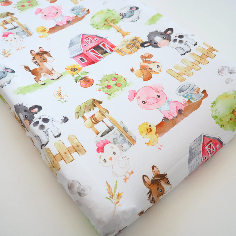 Farm animals changing pad cover, soft fabric, fits most pads, machine washable.
