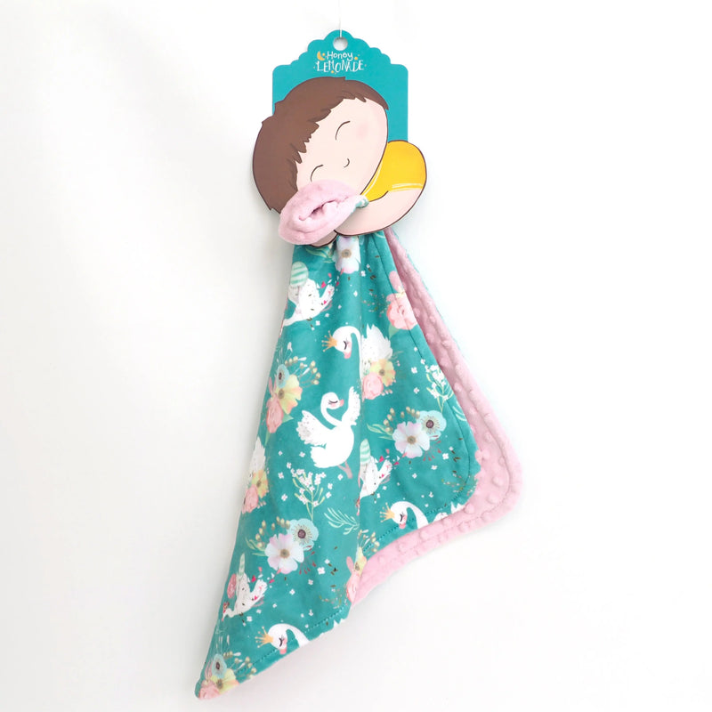 Mini Minky Swans blanket for toddlers, 18x18 inches, featuring swan and floral design with a pink Minky dot texture.