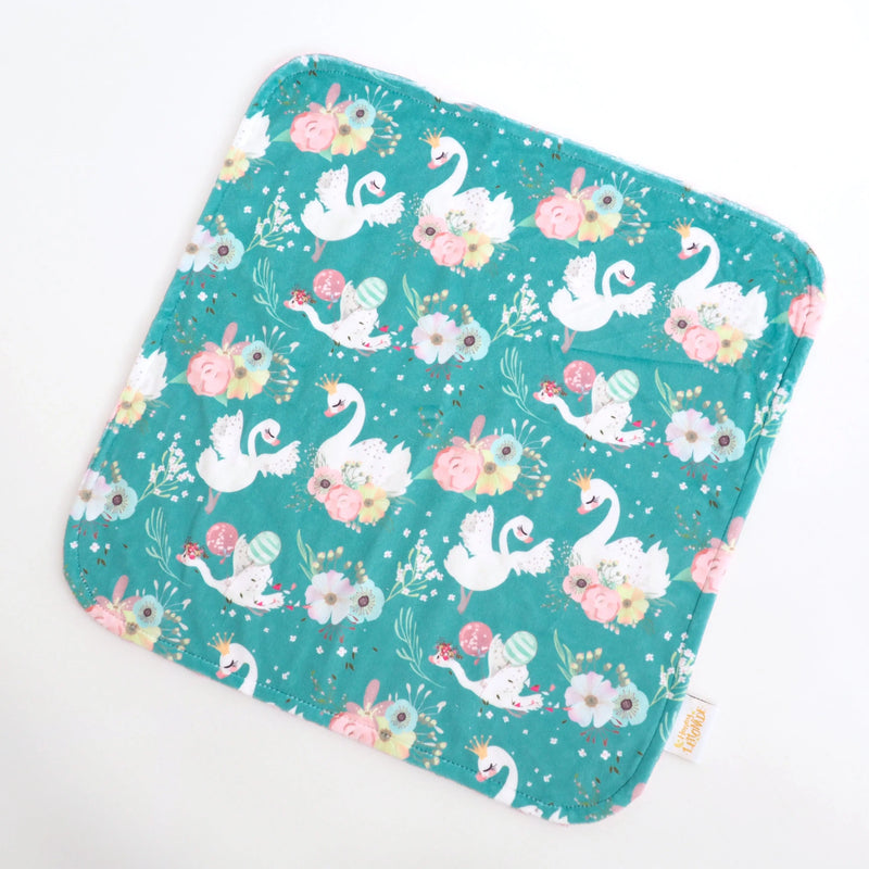 Mini Minky toddler blanket with swan and floral pattern, 18x18 inches, premium Minky fabric.