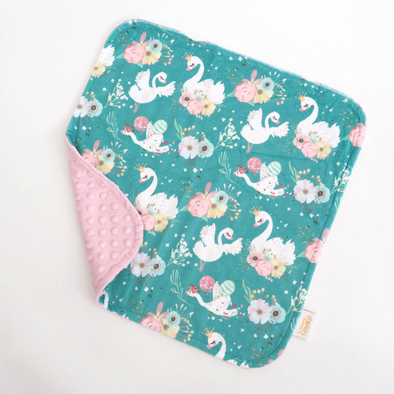 Mini Minky - Swans toddler blanket featuring swan and floral design with soft Minky dot texture.