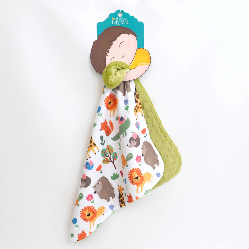 Mini Minky - Zoo Party toddler blanket with animal print and Minky dot texture.