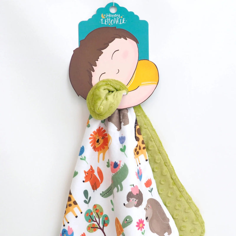Mini Minky - Zoo Party toddler blanket with colorful animal print and green minky dot texture.