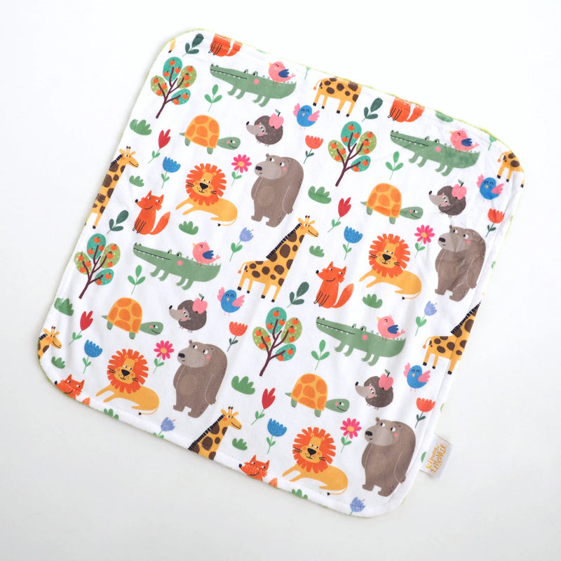 Mini Minky toddler blanket with zoo animal pattern, 18x18 inches, soft Minky fabric.