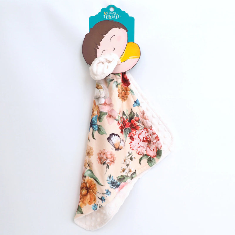 Mini Minky toddler blanket with floral pattern, 18x18 inches, made of premium soft Minky fabric.