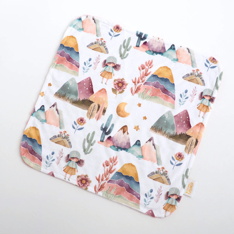 Mini Minky toddler blanket with dreamland design, 18x18 inches, premium Minky fabric.