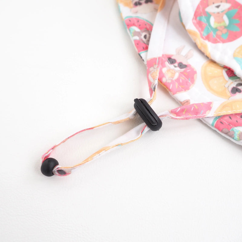 Baby and kids sun hat with colorful animal and fruit design, adjustable strap, made from lightweight polyester for UV protection.