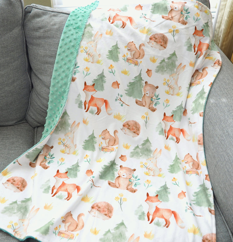 Baby & Toddler Minky Blanket with Forest Friends pattern, soft minky fabric, woodland-themed design.