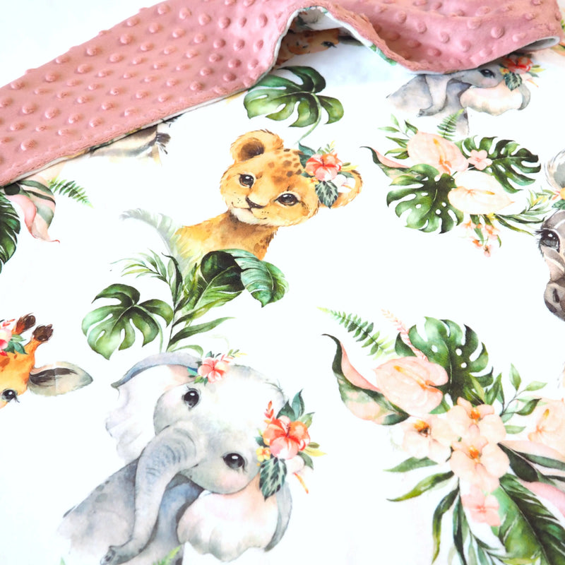 Baby and toddler minky blanket with Africa animal print, soft premium fabric, sensory texture, 30x40 inches.