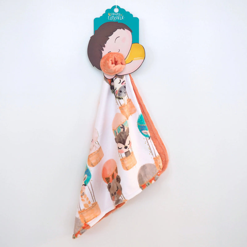 Mini Minky hot air balloon design toddler blanket, premium soft Minky fabric, 18x18 inches.