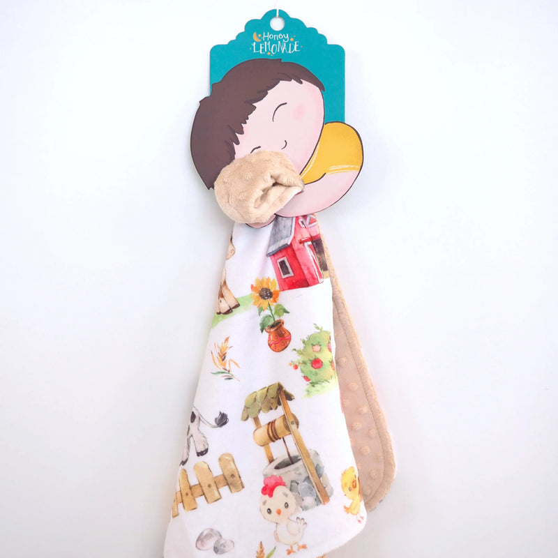 Mini Minky farm animals toddler blanket, soft Minky fabric, 18x18 inches, easy to carry.