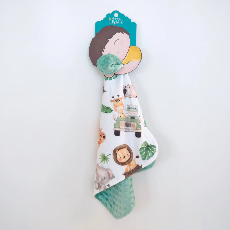 Mini Minky - Safari toddler blanket with safari animal design, soft Minky fabric, and sensory dot texture.