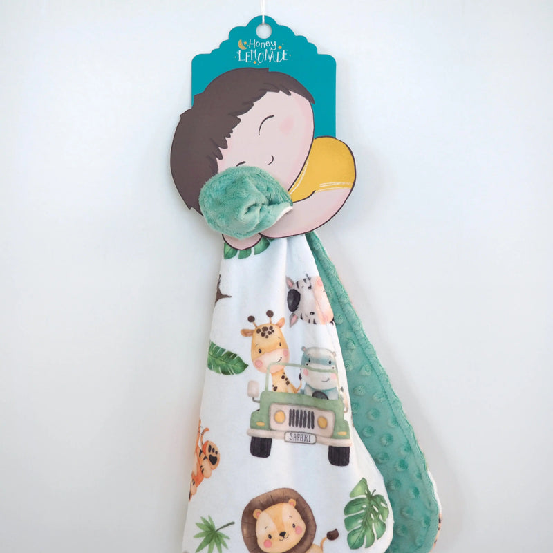 Mini Minky Safari toddler blanket with safari animal print and Minky dot texture.