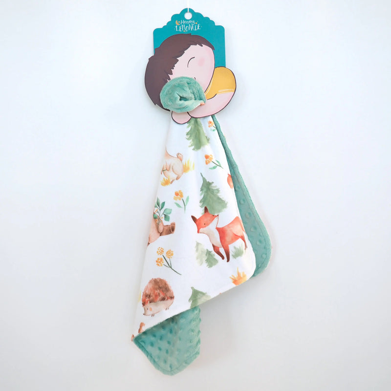Mini Minky - Forest Friends toddler blanket with forest animal pattern and Minky dot texture.