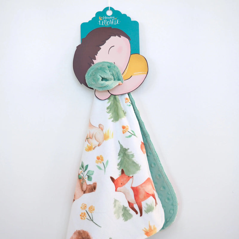 Mini Minky - Forest Friends toddler blanket with forest animal print and green Minky dot texture.
