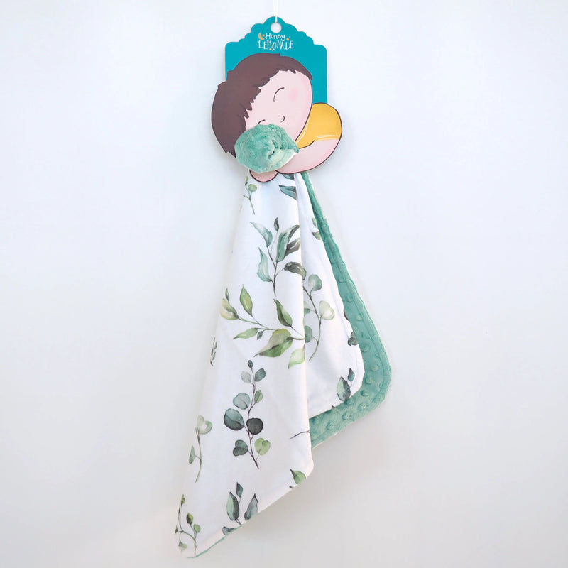 Mini Minky blanket eucalyptus design for toddlers, soft Minky fabric, perfect size for travel.