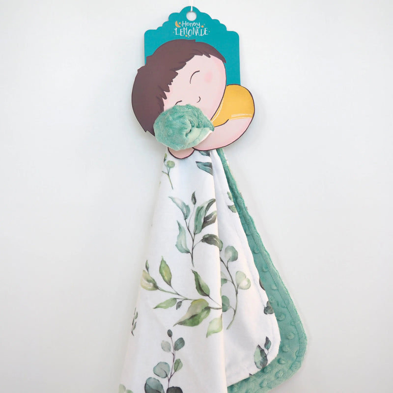 Mini Minky Eucalyptus toddler blanket with leaf pattern, 18x18 inches, premium Minky fabric.