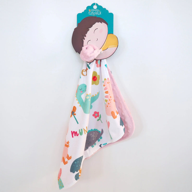 Mini Minky Dinoland Pink toddler blanket with colorful dinosaur print, soft Minky fabric.