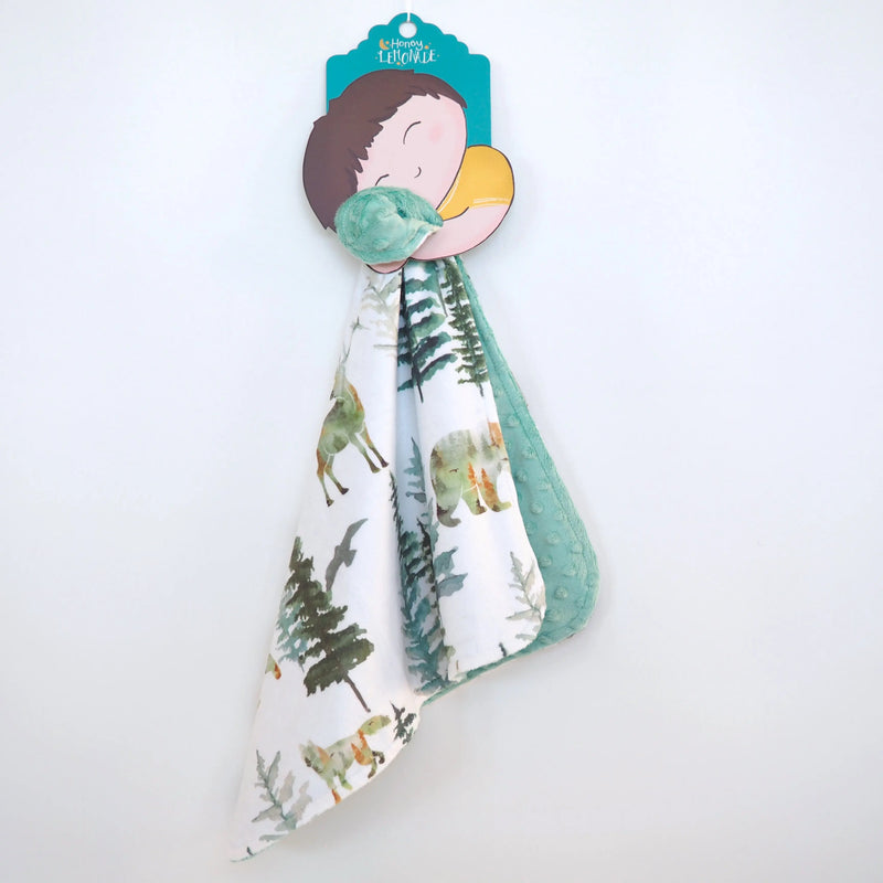 Mini Minky toddler blanket with forest print, soft Minky fabric, 18x18 inches.