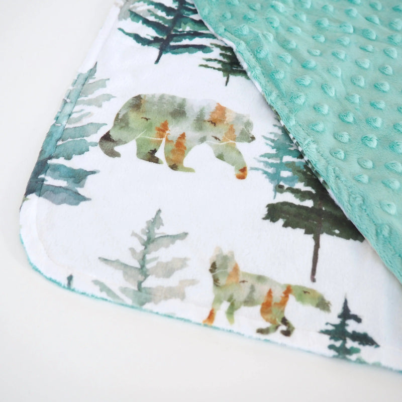 Mini Minky toddler blanket with forest and bear design, soft minky dot texture, 18x18 inches.