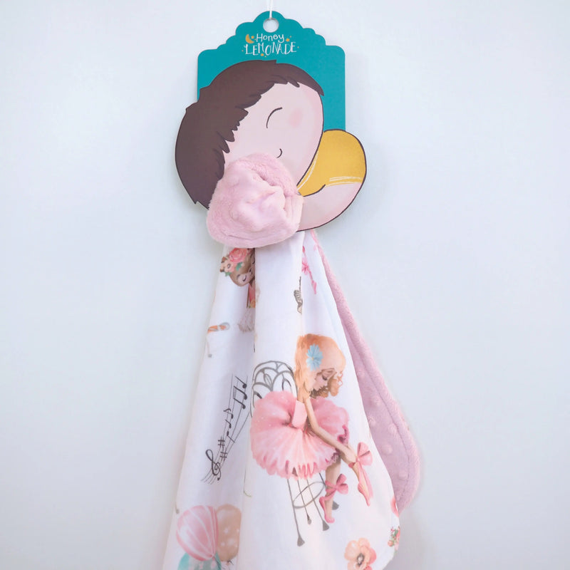 Mini Minky Ballerinas toddler blanket with ballerina print, made of soft Minky fabric, 18x18 inches, lightweight and portable.