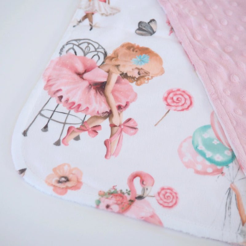 Mini Minky ballerina-themed toddler blanket with pink minky dot texture.