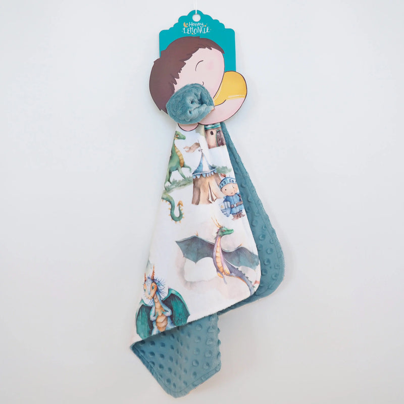 Mini Minky blanket with dragon and knight design, 18x18 inches, made of premium Minky fabric, featuring Minky dot texture for sensory stimulation.