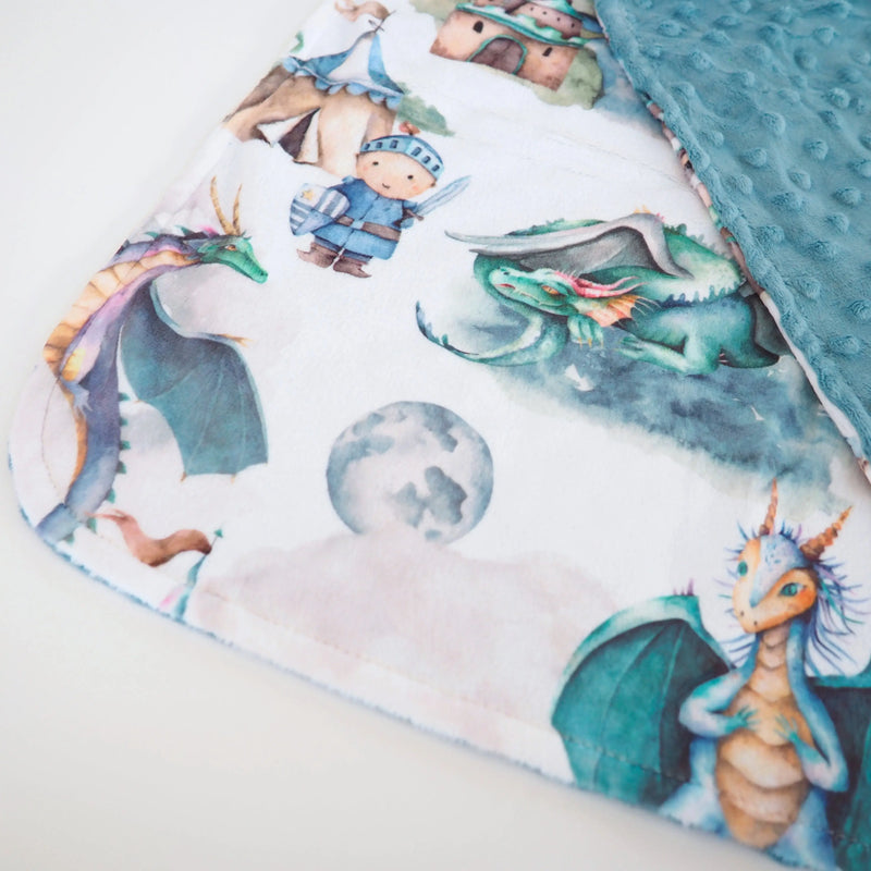 Mini Minky toddler blanket with dragon and knight design, 100% premium Minky fabric.