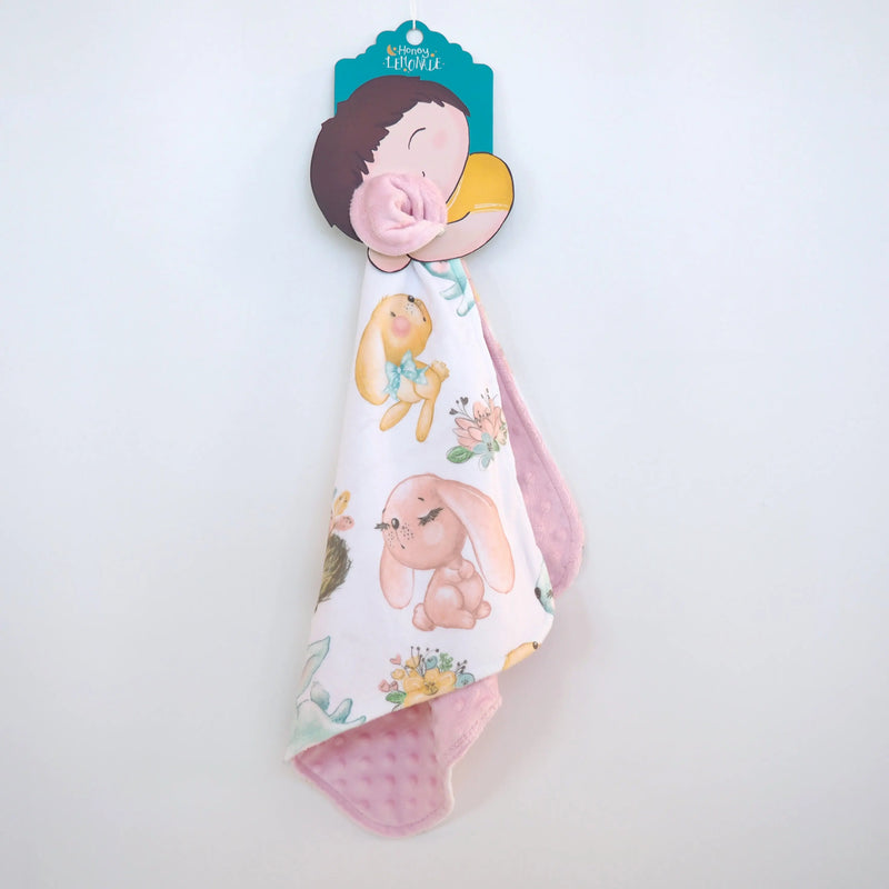 Mini Minky toddler blanket with bunny print, 18x18 inches, premium Minky fabric, pink dot texture, lightweight.