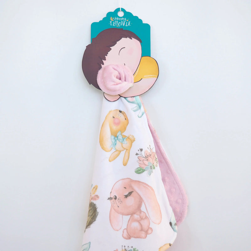 Mini Minky toddler blanket with bunny print, 18x18 inches, lightweight and soft.