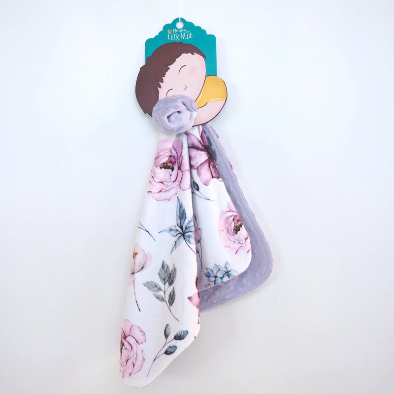 Mini Minky vintage floral toddler blanket with purple minky dot texture.