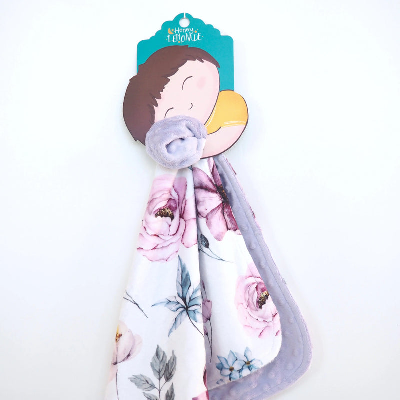 Mini Minky toddler blanket with vintage floral pattern and purple Minky dot texture.