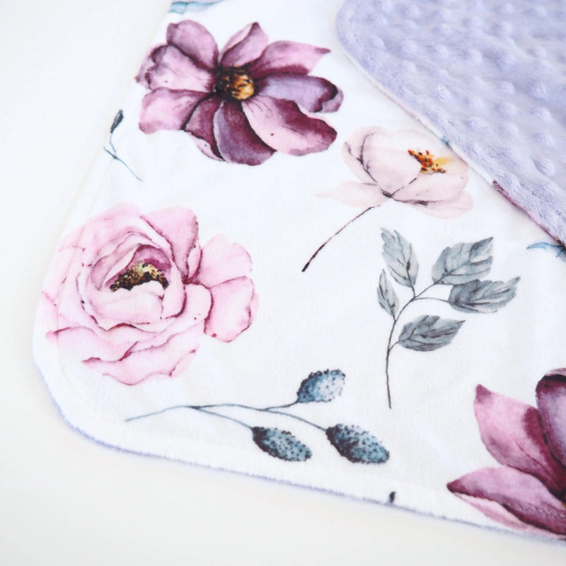 Mini Minky Vintage Floral toddler blanket with floral design and Minky dot texture.
