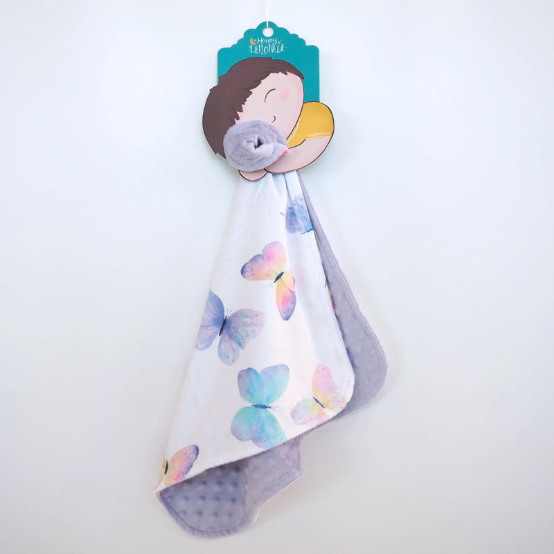 Mini Minky toddler blanket with butterfly design, lightweight and soft Minky fabric, perfect for travel and sensory play.