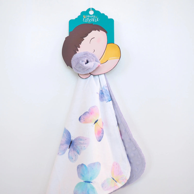 Mini Minky Butterfly toddler blanket with pastel butterfly design, soft Minky fabric, and sensory dot texture.