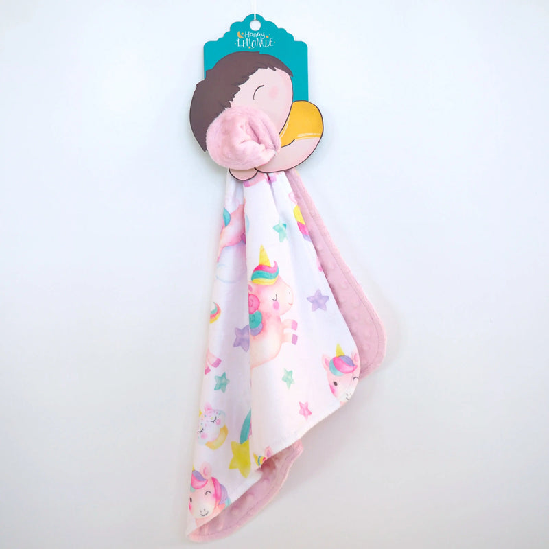 Mini Minky unicorn themed toddler blanket, 18x18 inches, soft and lightweight Minky fabric.