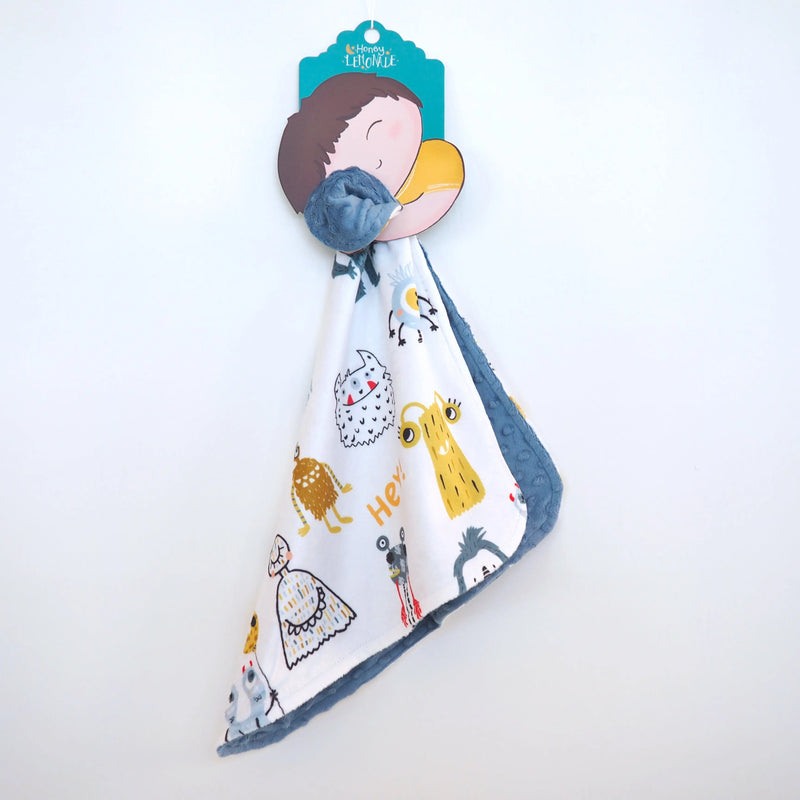 Mini Minky blanket for toddlers featuring playful monster designs, 18x18 inches, with soft Minky fabric and sensory dot texture.