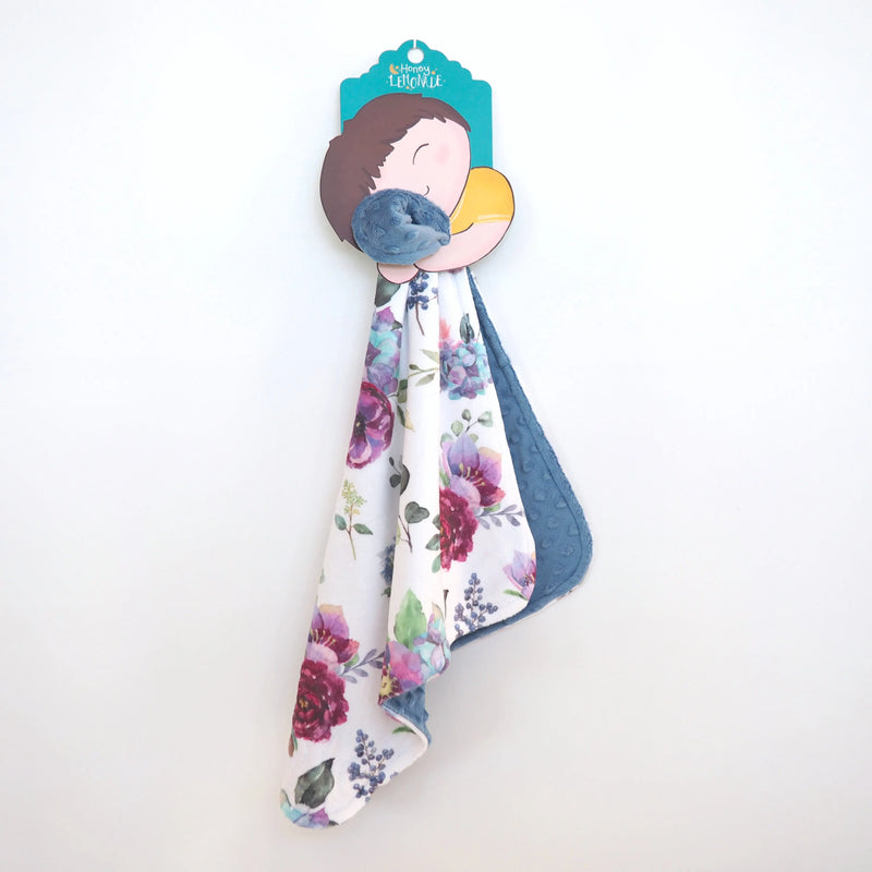 Blue floral mini minky blanket for toddlers, soft Minky fabric, 18x18 inches, sensory dot texture.