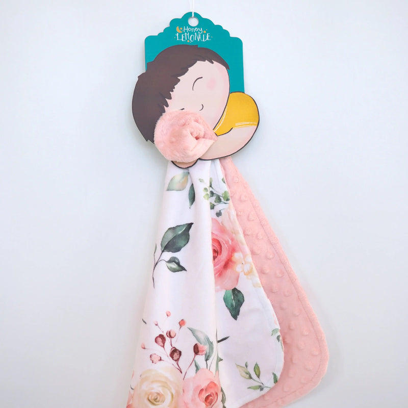 Mini Minky peach floral blanket for toddlers, soft Minky fabric, sensory texture, 18x18 inches.