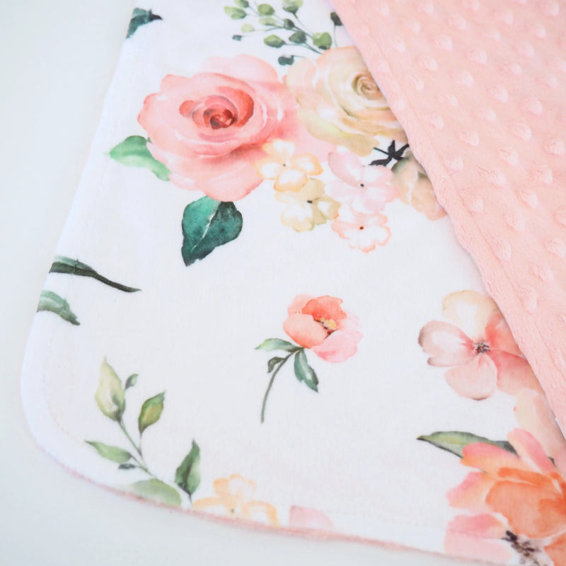 Mini Minky peach floral toddler blanket with soft Minky fabric and sensory texture.